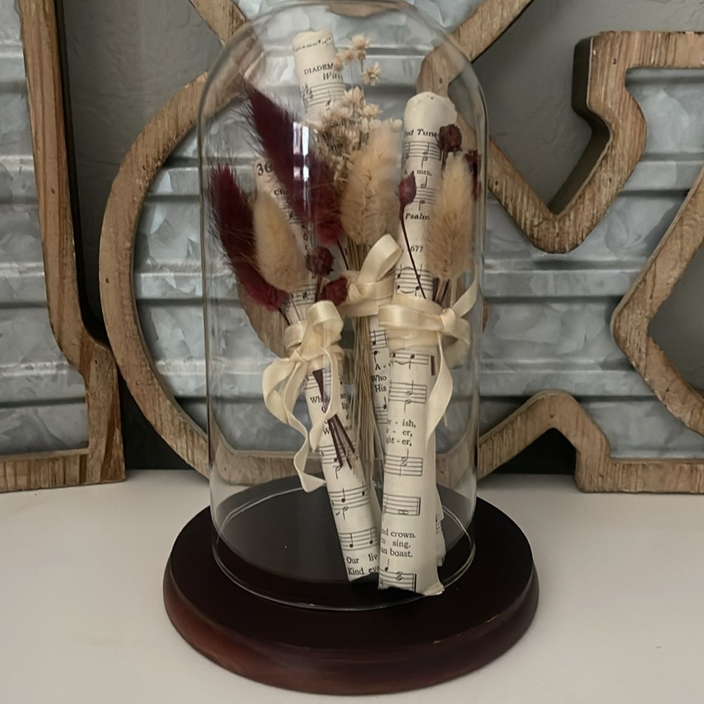 Decorative Glass Cloche with Music Scrolls with Dried Flowers and Bows